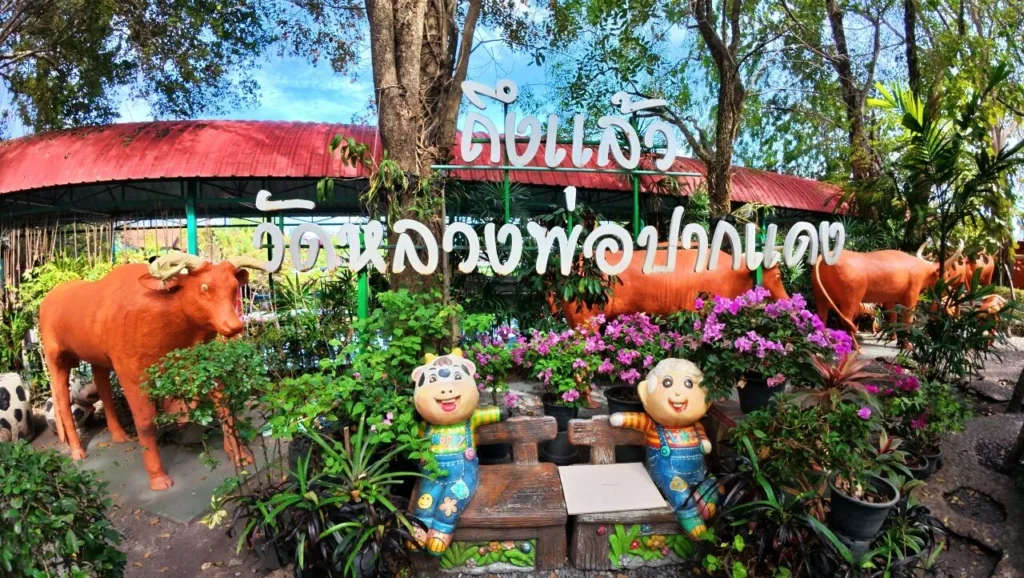 ป้ายวัดพราหมณี หลวงพ่อปากแดง นครนายก บริเวณด้านในวัดพร้อมรูปปั้นวัวและสวนตกแต่ง