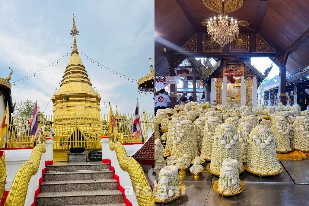 วัดพระธาตุดอยคำ เชียงใหม่ ขอพรหลวงพ่อทันใจ แก้บนพวงมาลัยดอกมะลิ ศรัทธาไม่ขาดสาย