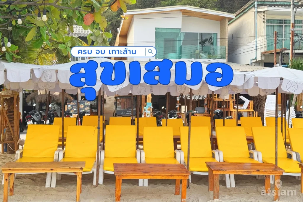 เก้าอี้ชายหาดสีเหลืองเรียงหน้าหาด บรรยากาศชิลริมทะเล สุขเสมอเกาะล้าน