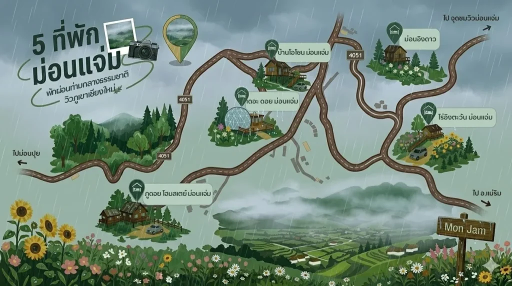แผนที่วาดด้วยมือแสดงที่พัก 5 แห่งในม่อนแจ่ม ท่ามกลางบรรยากาศฤดูฝน มีภูเขา สายหมอก และทุ่งดอกไม้สไตล์สีน้ำโทนเย็น