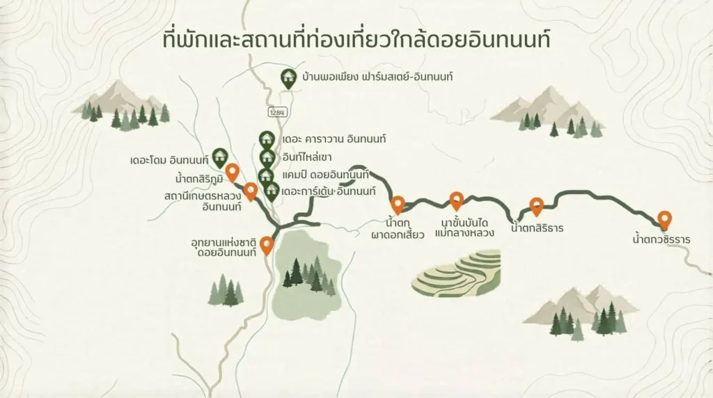 พิกัดที่พักใกล้ดอยอินทนนท์ และสถานที่ท่องเที่ยวใกล้เคียง